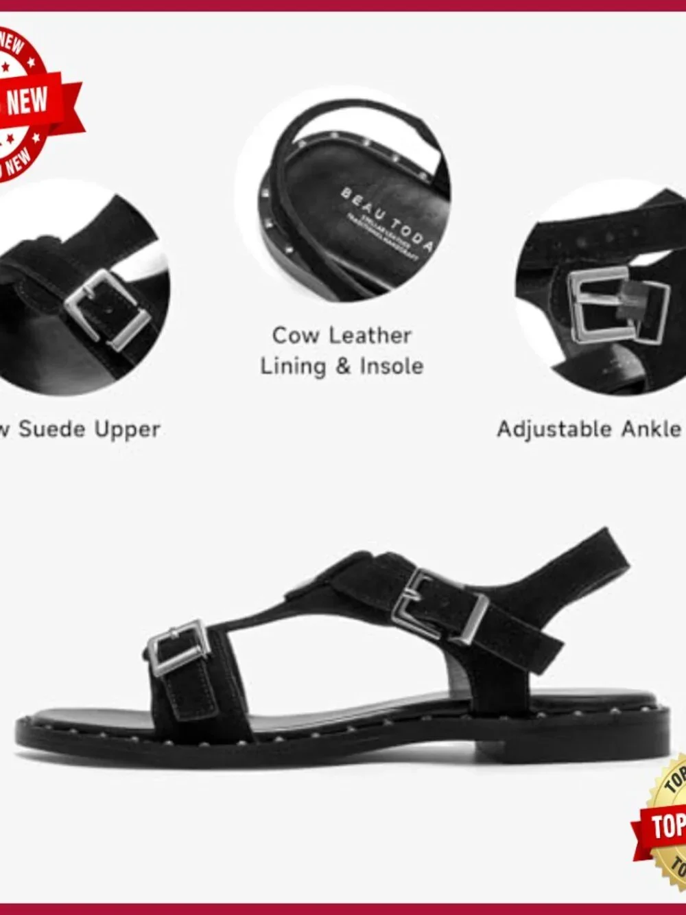 Women's T-Strap Suede Sandals with Ankle Buckle Studded Flats Lightweight